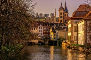 river, buildings, city